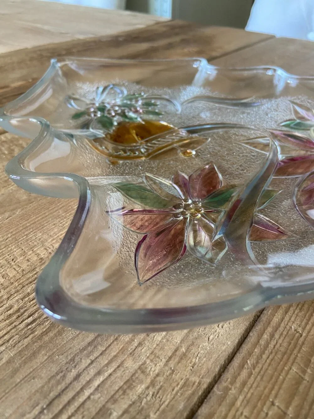 Christmas tree serving platter, holiday glass tray, hand painted centerpiece,